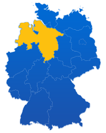 Deutschlandkarte mit einer farbigen Hervorhebung für das Bundesland Niedersachsen