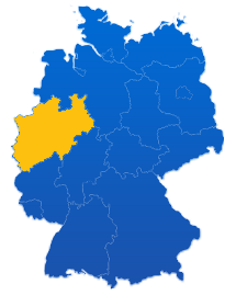 Deutschlandkarte mit einer farbigen Hervorhebung für das Bundesland Nordrhein-Westfalen