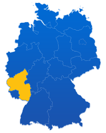 Deutschlandkarte mit einer farbigen Hervorhebung für das Bundesland Rheinland-Pfalz